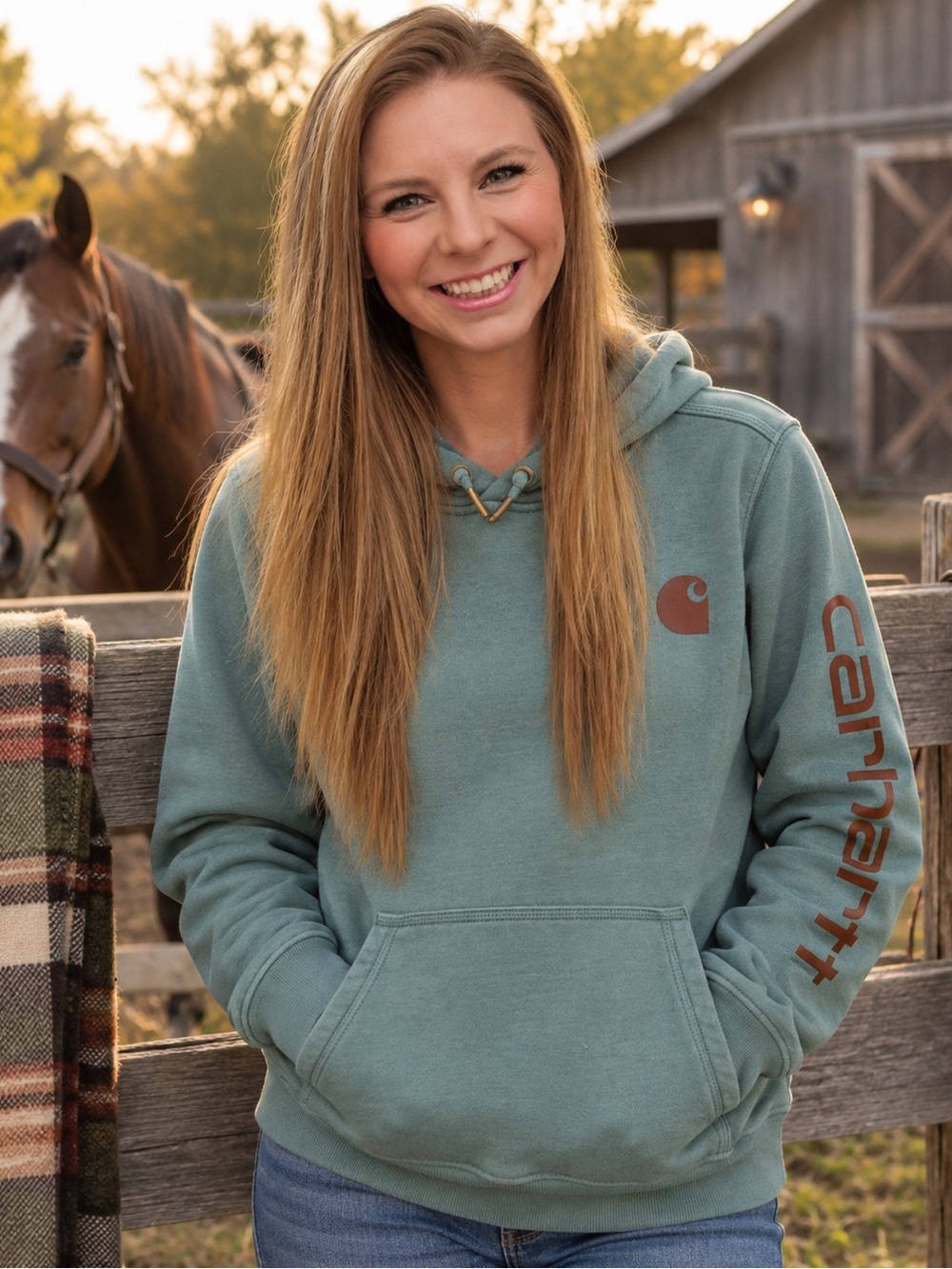 Carhartt Women's Hooded Pullover in Dusty Green with Brown Logo